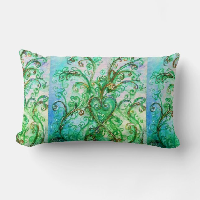BLUE GREEN WHIMSICAL FLOURISHES WITH HEART LUMBAR CUSHION (Front)