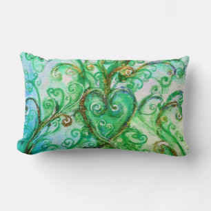 BLUE GREEN WHIMSICAL FLOURISHES WITH HEART LUMBAR CUSHION