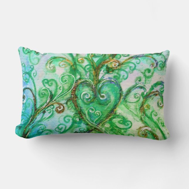 BLUE GREEN WHIMSICAL FLOURISHES WITH HEART LUMBAR CUSHION (Front)