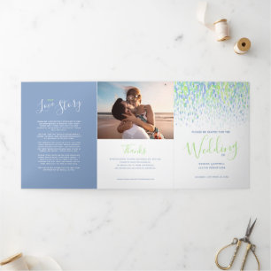 Blue, green, white abstract art wedding ceremony Tri-Fold programme