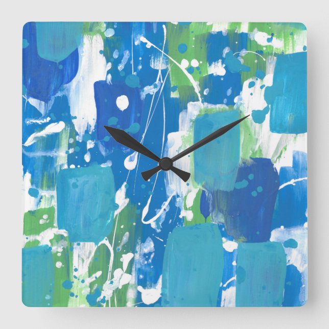 Blue Green White Abstract Square Wall Clock (Front)