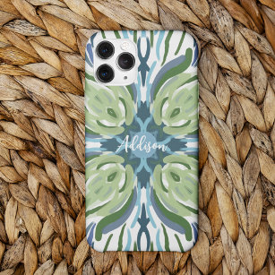 Blue Green White Abstract Vintage Tile Pattern iPhone 15 Pro Max Case