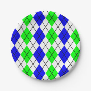 Blue Green White Argyle Diamond Design  Paper Plate