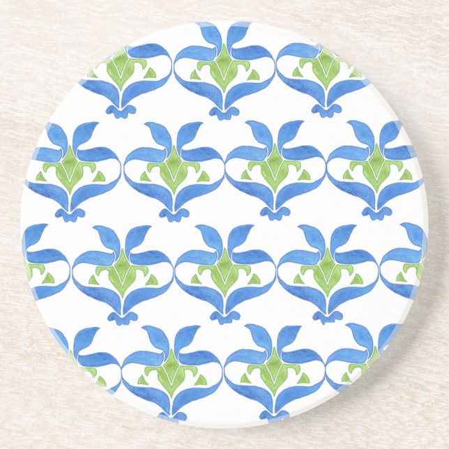 Blue, Green, White Art Nouveau Pattern Coaster (Front)