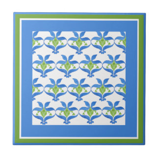 Blue, Green  White Art Nouveau Pattern Tile