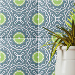 Blue Green White Bohemian Mosaic Geometric Pattern Tile<br><div class="desc">Presenting a captivating contemporary ceramic tile design that showcases a flawless arrangement of green and white geometric shapes against a soothing blue backdrop.</div>