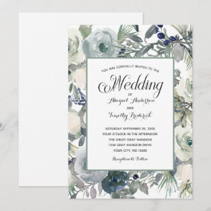 Blue Green White Floral Elegant Formal Wedding Invitation