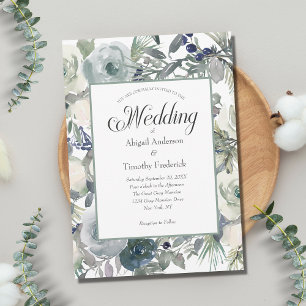 Blue Green White Floral Elegant Formal Wedding  Invitation