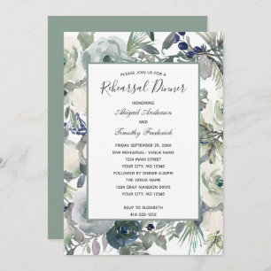 Blue Green White Floral Elegant Rehearsal Dinner I Invitation