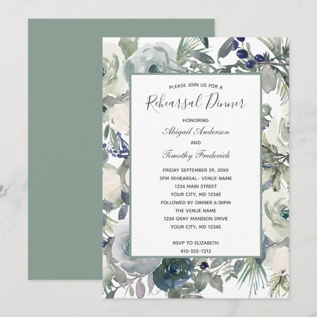 Blue Green White Floral Elegant Rehearsal Dinner I Invitation (Front/Back)