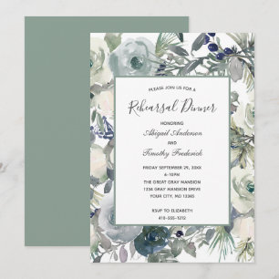 Blue Green White Floral Elegant Rehearsal Dinner Invitation