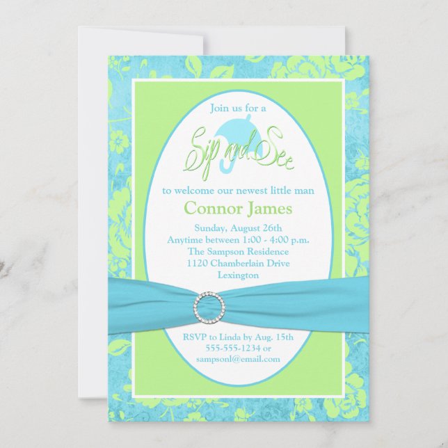 Blue Green White Floral Sip and See Invitation (Front)