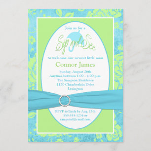 Blue Green White Floral Sip and See Invitation