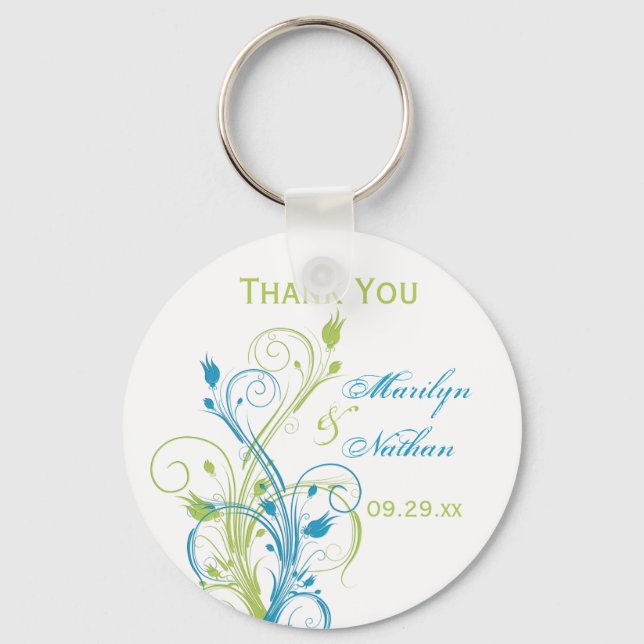 Blue Green White Floral Wedding Favor Key Chain (Front)