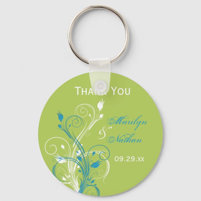 Blue Green White Floral Wedding Favor Key Chain (Front)