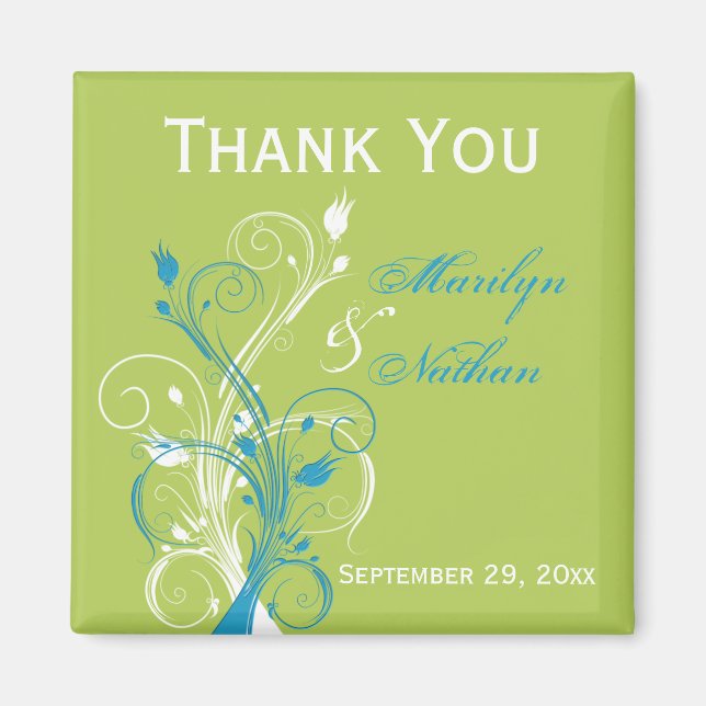 Blue Green White Floral Wedding Favor Magnet (Front)