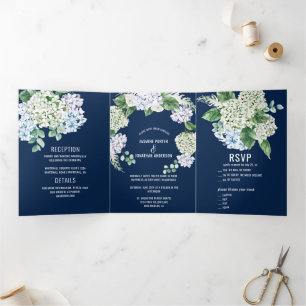Blue Green White Hydrangeas on Navy Wedding Tri-Fold Invitation