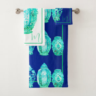 Blue Green White Monogrammed Elegant Ginger Jar Bath Towel Set