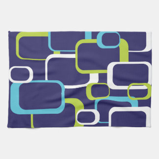 Blue Green White Retro Squares Pattern Tea Towel