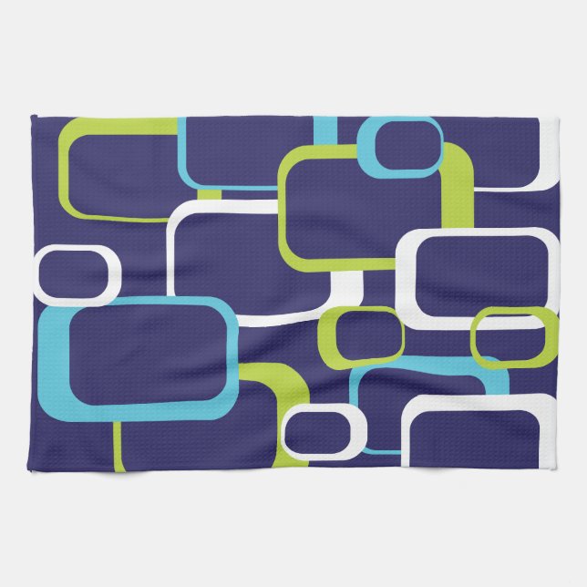 Blue Green White Retro Squares Pattern Tea Towel (Horizontal)