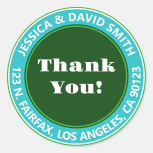 Blue Green & White Retro Thank you! Return Address Classic Round Sticker