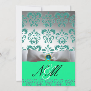 BLUE GREEN WHITE RIBBON BLACK DAMASK MONOGRAM INVITATION