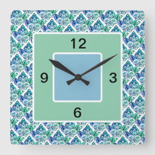 Blue Green white Square, Wall Clock