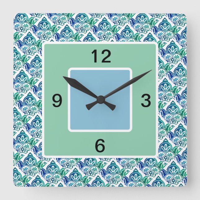 Blue Green white Square, Wall Clock (Front)