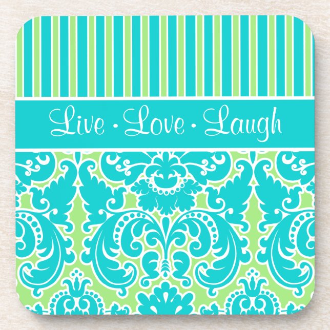 Blue, Green, White Striped Damask Coaster Set (6) (Front)