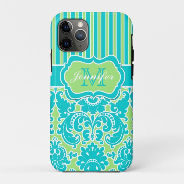 Blue, Green, White Striped Damask iPhone 11 Case-Mate iPhone Case (Back)