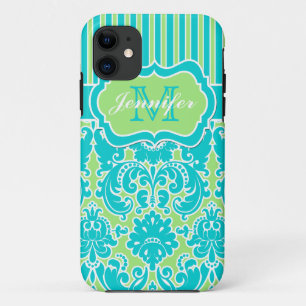 Blue, Green, White Striped Damask iPhone 5 iPhone 11 Case