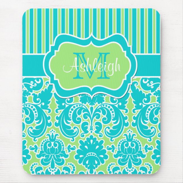 Blue Green White Striped Damask Monogram Mousepad (Front)
