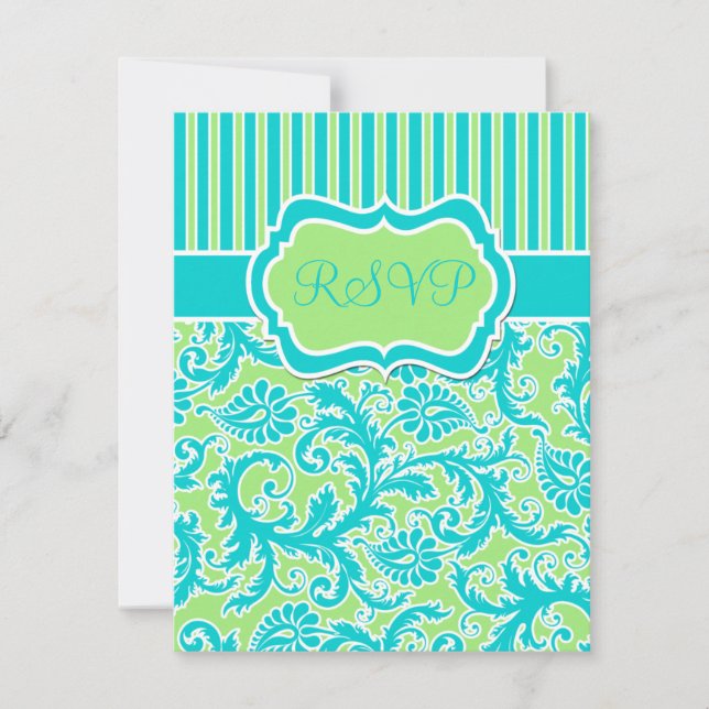 Blue Green White Striped Damask Reply Card (Front)