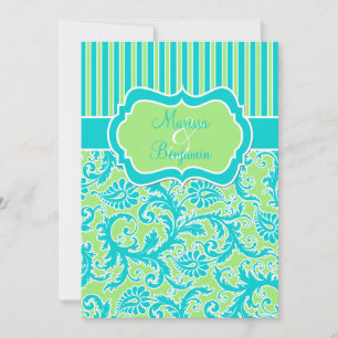 Blue Green White Striped Damask Wedding Invite
