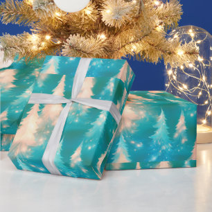 Blue Green White Trees Modern Christmas Wrapping Paper