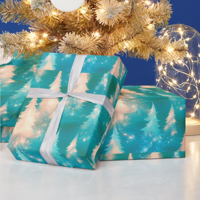 Blue Green White Trees Modern Christmas Wrapping Paper (Holidays)