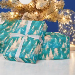 Blue Green White Trees Modern Christmas Wrapping Paper
