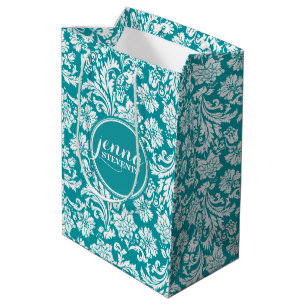 Blue-Green & White Vintage Floral Damasks Medium Gift Bag