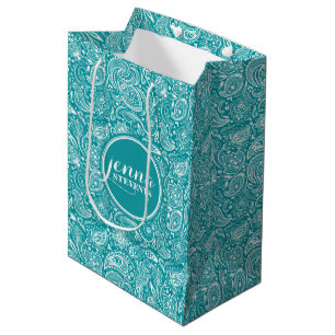 Blue-Green & White Vintage Paisley Pattern 3 Medium Gift Bag