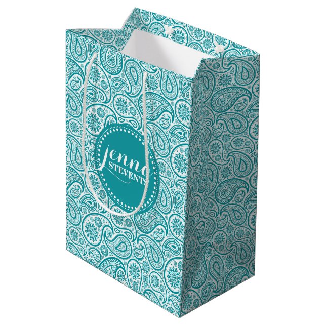 Blue-Green & White Vintage Paisley Pattern Medium Gift Bag (Back Angled)