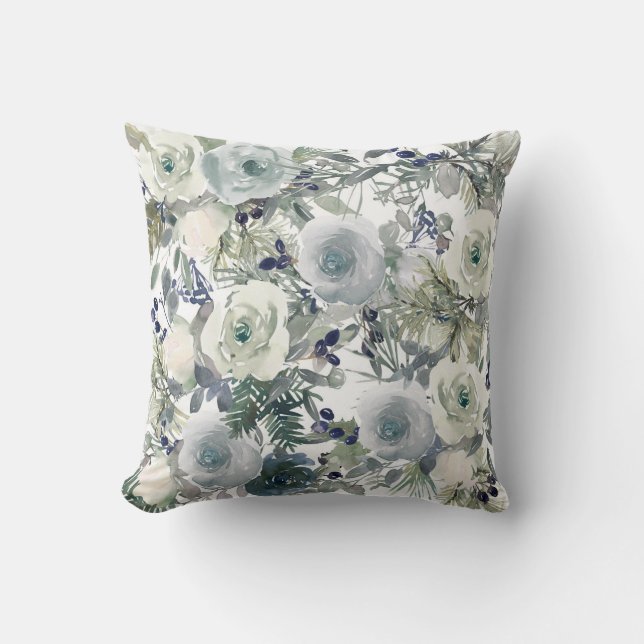 Blue Green White Watercolor Floral Flowers Cushion (Front)