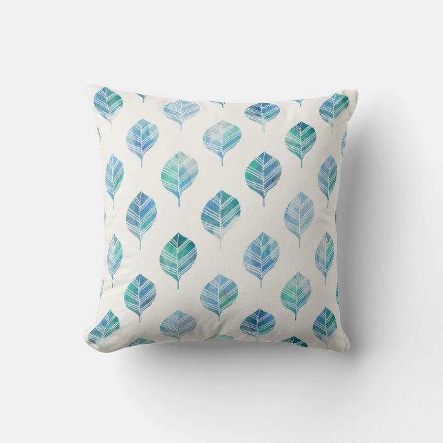 Blue Green White Watercolor Leaves Throw Pillow (Front)