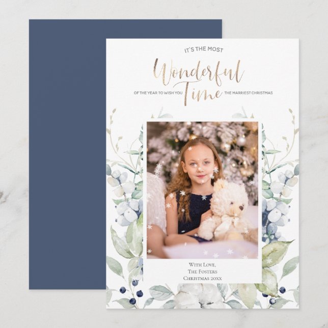 Blue Green White Winter Floral Photo Christmas Invitation (Front/Back)