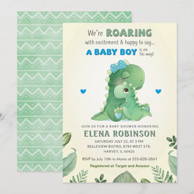 Blue Green Wild Dinosaur Baby Boy Shower Sprinkle Invitation (Front/Back)