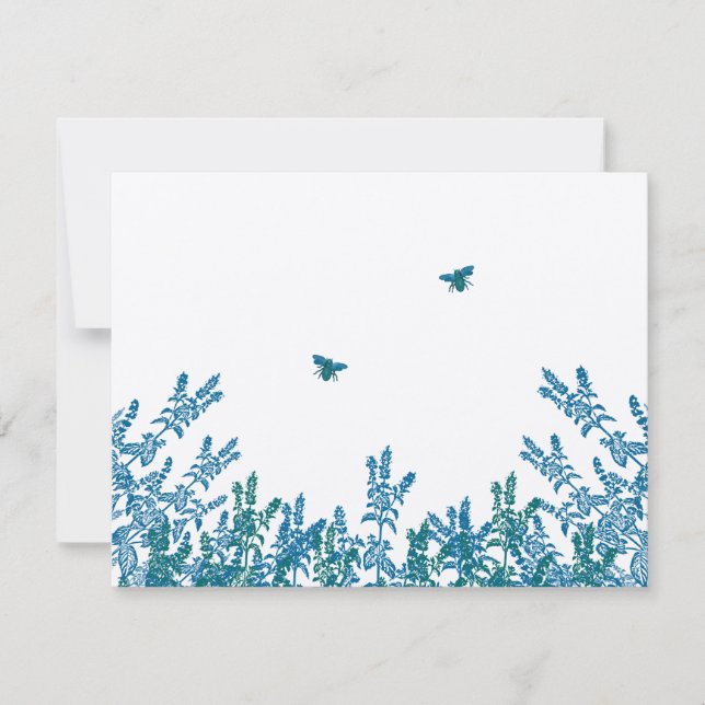 Blue Green Wild Flower Bee Wedding RSVP #3 Card (Front)