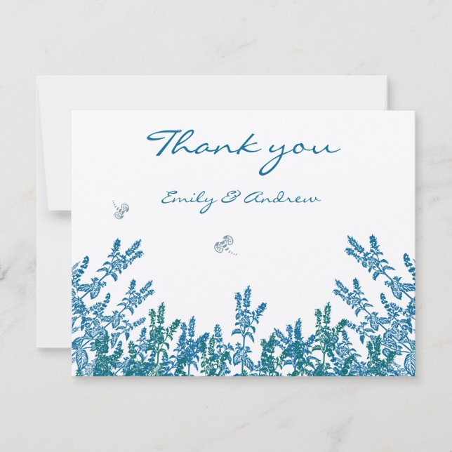 Blue Green Wild Flower Bee Wedding RSVP Thank You Card (Front)