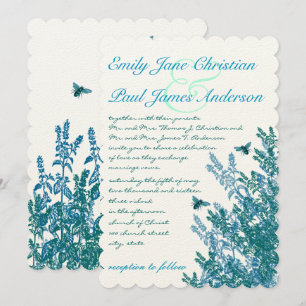 Blue Green Wild Flowers Bees Wedding Invitation #2