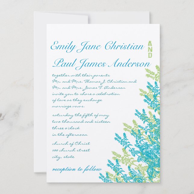Blue Green Wild Flowers Floral Wedding Invitations (Front)
