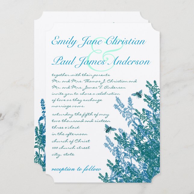 Blue Green Wildflower Bumble Bee  Wedding Invites (Front/Back)