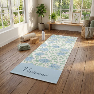 Blue Green Wildflower Watercolor Custom Name Yoga Mat